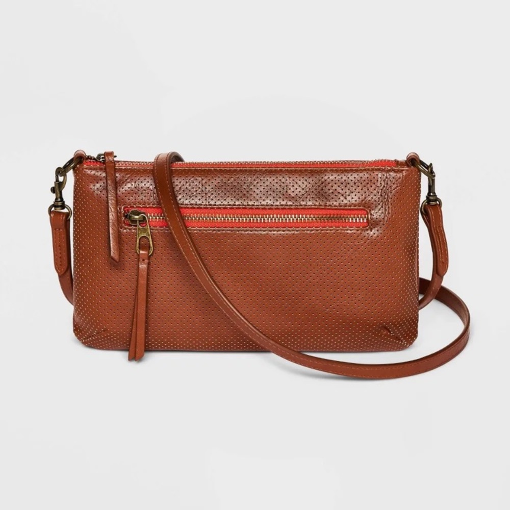 Universal thread Brown Vegan Leather top zip Crossbody Bag orange pocket detail